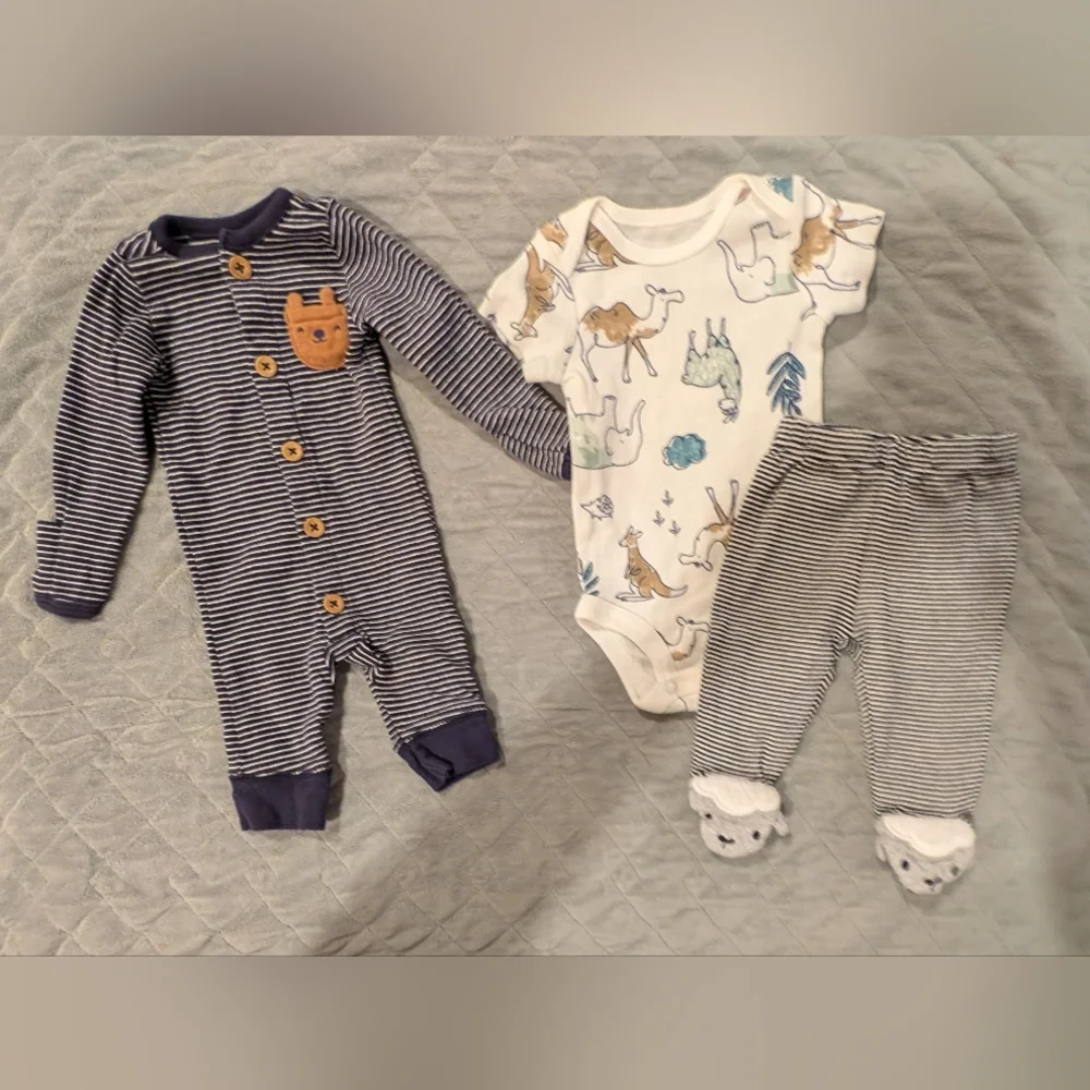NB Striped and Animal Print Kids One Piece Set